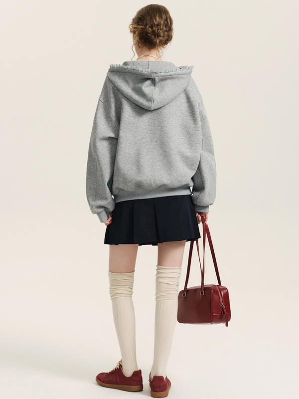 DESIGNER PLUS 木耳领加绒卫衣女2025设计感蕾丝拼接长袖连帽外套|undefined