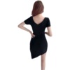 V-neck low chest solid color short sleeve dress with slim fit and slant hem wrap skirt