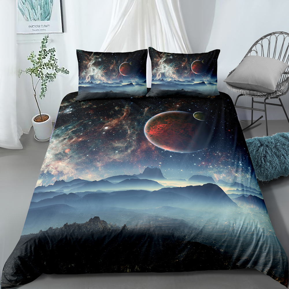 Ensemble de literie trois pièces ciel étoilé univers imprimé numérique, housse de couette et taie d'oreiller personnalisables_voghion.com