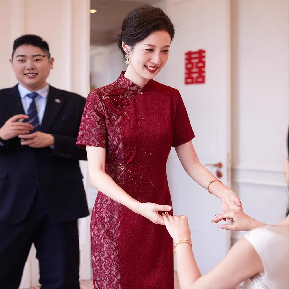 Acetic Acid Chinese Cheongsam Mother's Dress Niche Light Luxury High-end Sense New Spring and Summer Wedding Banquet for Small People