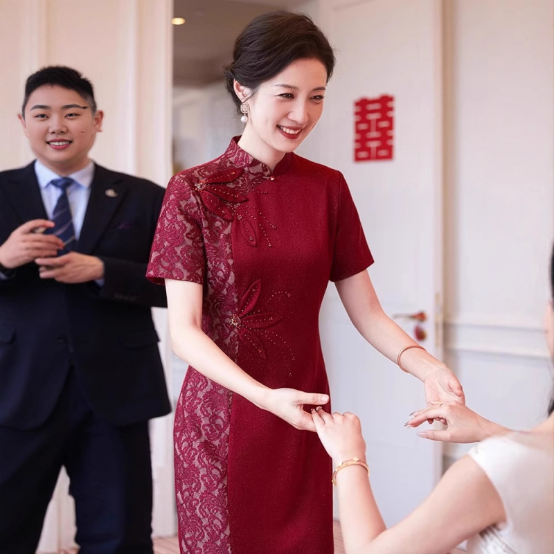 Acetic Acid Chinese Cheongsam Mother's Dress Niche Light Luxury High-end Sense New Spring and Summer Wedding Banquet for Small People Acetic Acid Chinese Cheongsam Mother's Dress Niche Light Luxury High-end Sense New Spring and Summer Wedding Banquet for Small People
