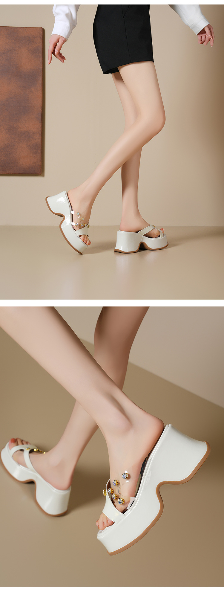 Sandal cao gót nữ đính đá trong suốt quai ngang gót 9cm đế xuồng — Màu đen, Màu trắng be, Màu mơ chi tiết 10
