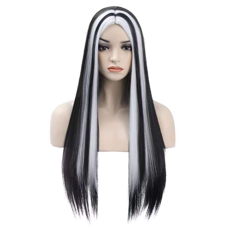 New European, American, and African Style Black and White Long Straight Hair Synthetic High-Temperature Fiber Machine-Made Halloween Wig for Women New European, American, and African Style Black and White Long Straight Hair Synthetic High-Temperature Fiber Machine-Made Halloween Wig for Women