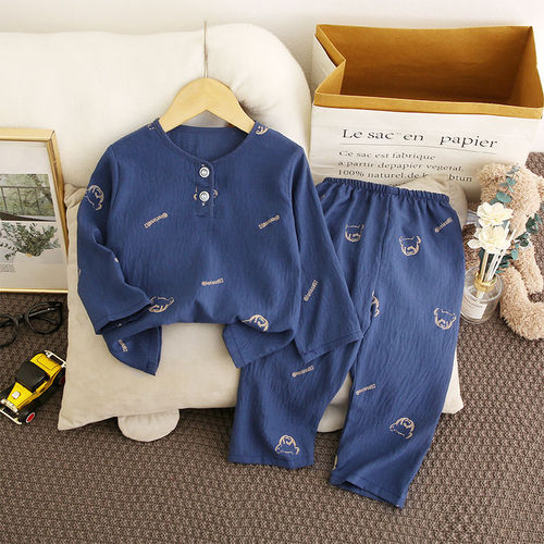 Summer New Cartoon Children's Sleepwear Thin Cotton Long-Sleeved Long Pants Set Boys Home Girl Summer Air Conditioning Clothes