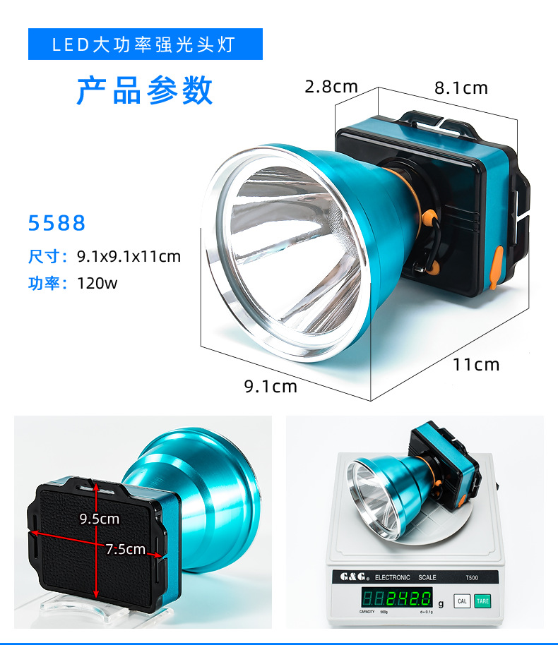 Faros LED de batería de litio de cabeza, faros de carga de larga duración, faros al aire libre, faros transfronterizos en el sudeste asiático