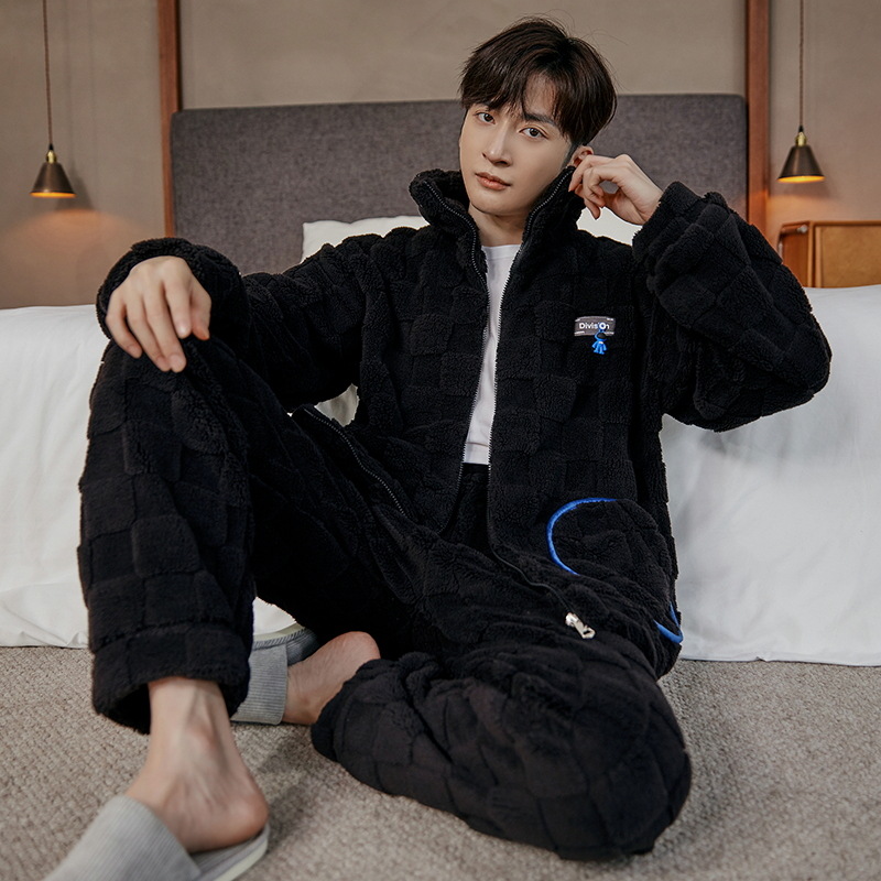 Pijama de lana de coral para hombres Otoño e Invierno forrado de lana engrosada traje de dos piezas de franela con cremallera para hombres ropa para el hogar invierno