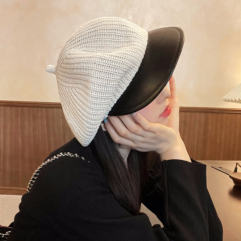 Beige Knitted Beret For Women Breathable Summer Painter Hat_voghion.com