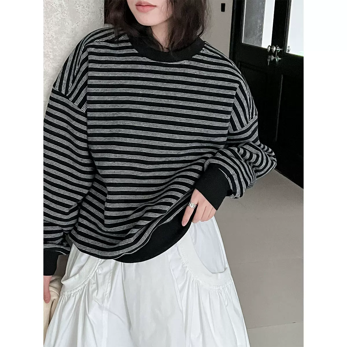 鹿西 韩系撞色圆领加绒磨毛卫衣女秋冬条纹休闲宽松长袖上衣2150