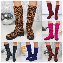 跨境大码豹纹绒面粗跟时装靴女秋冬季新款欧美时尚百搭折皱堆堆靴