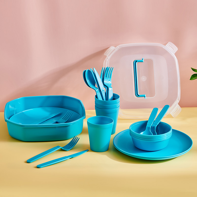 4-Person and 6-Person Picnic Box Plastic Outdoor Camping Plastic Portable Cutlery, Fork, Spoon, Cup, Plate, Bowl, Tableware Set