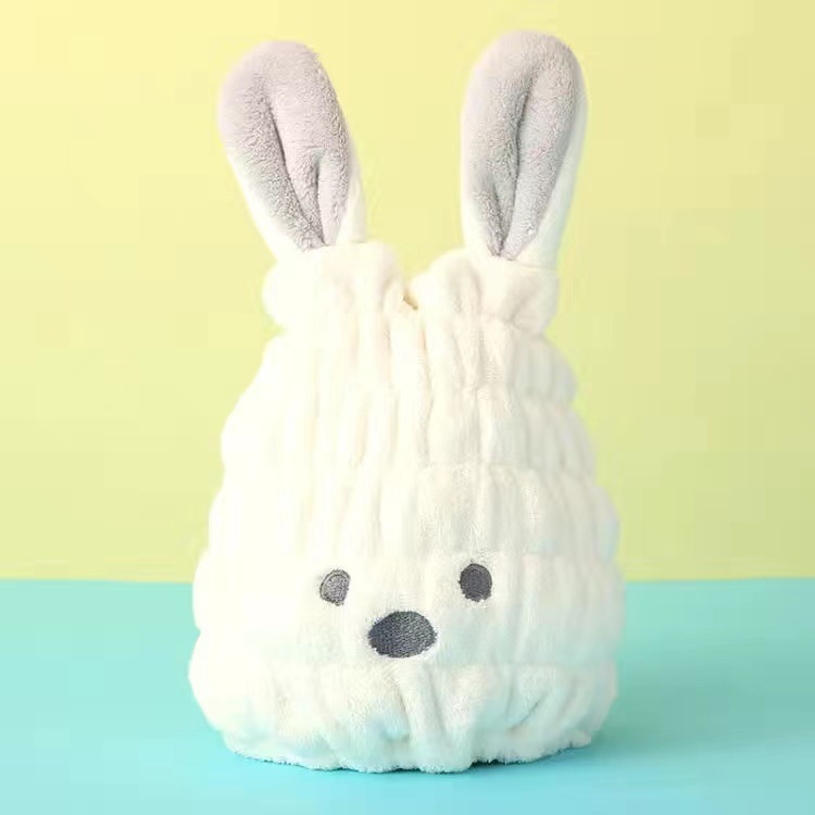 Niños sombrero de cabello seco al por mayor lindo sombrero de baño de conejo de dibujos animados bolsa de coral toallas elásticas para el cabello