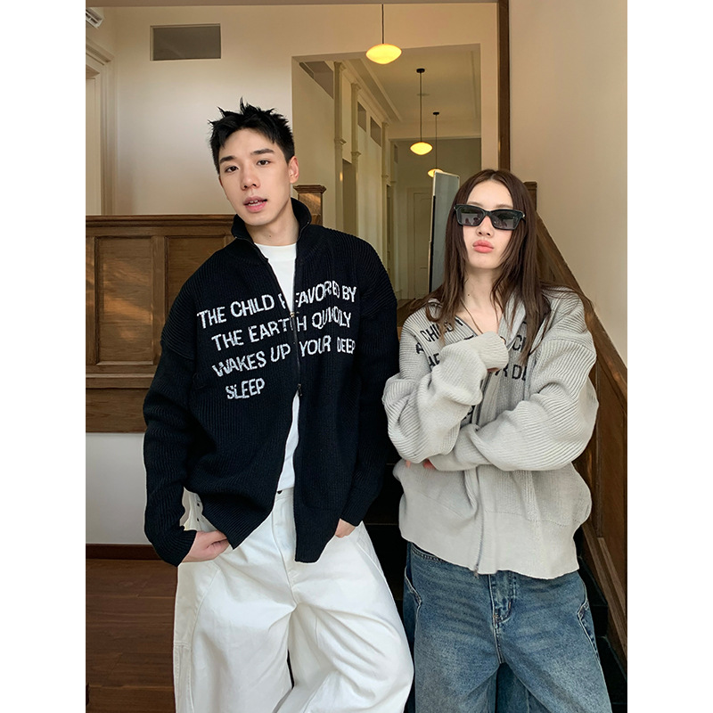 American retro trendy brand letter printed cardigan sweater for women in spring and autumn new loose stand collar knitted jacket top