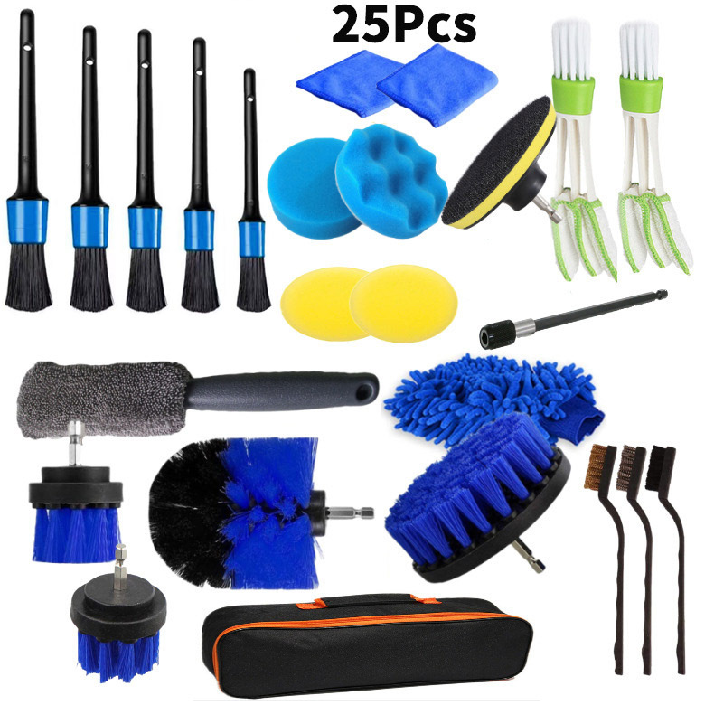 跨境热卖汽车清洁工具25件套刷细节刷汽车轮毂刷套装电钻刷洗车刷