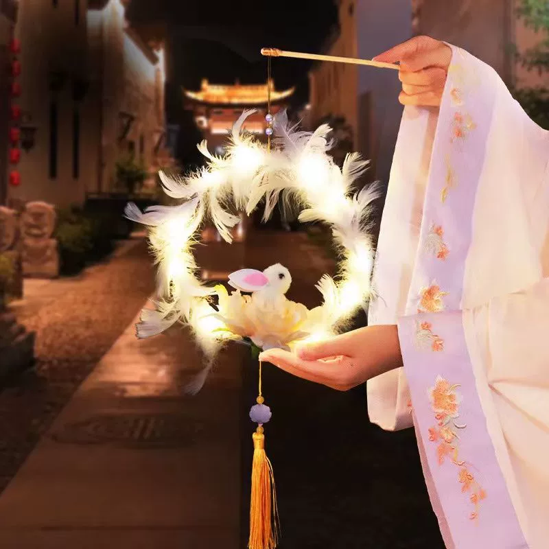 Нефритовый фонарь с перьями и кроликом, детский портативный светящийся фонарь с кроликом, фонарь на год, фестиваль середины осени, подарок на Новый год, уличный киоск, мелкие товары