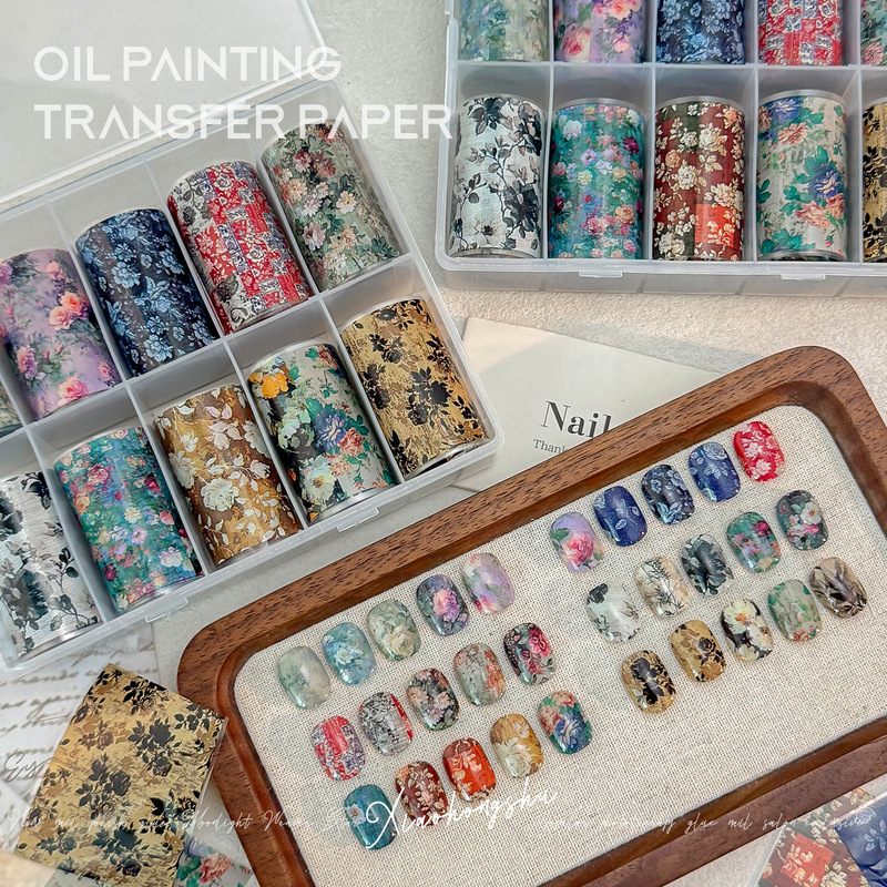 Ten Grids Autumn and Winter Oil Painting Transfer Paper｜Retro High-End Nail Stickers Ins Style Painted Gradient Nail Stickers Nail Art