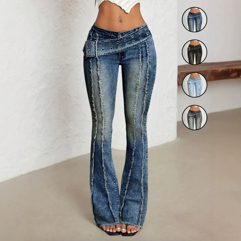 European and American Cross-Border Amazon Y2K Retro Low-Waist Cross-Belt Washed Frayed Denim Jeans with Slight Flare, Wholesale for Export