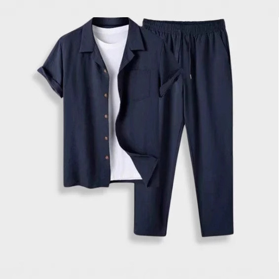 Hot Selling Cross-Border European and American Men's Casual Suits Spring and Autumn Trousers Two-Piece Cardigan Short-Sleeved Shirt Suit Men's Clothing