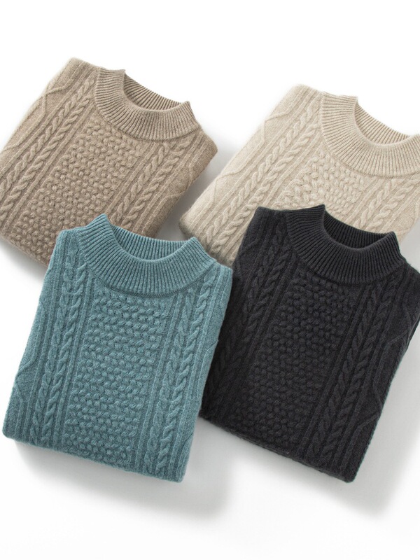 Cashmere sweater men's half-turtleneck 100% pure cashmere autumn and winter new double-strand heavy thick Alan flower knitted sweater