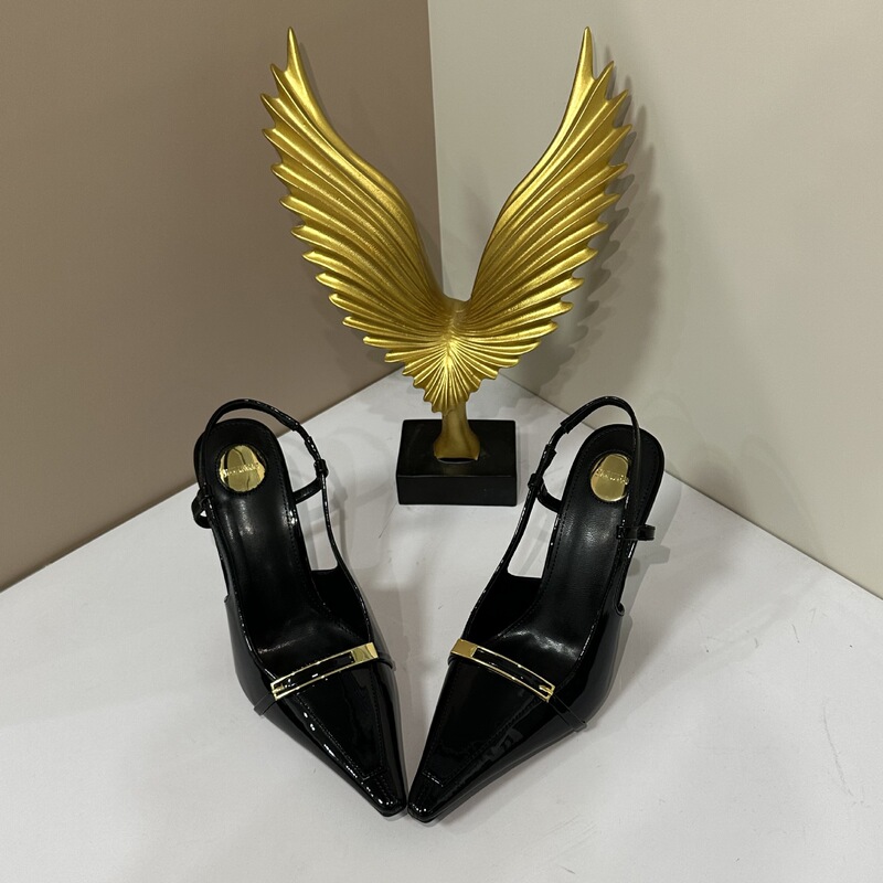 Black Patent Leather Pointed Empty Rear Strap Sandals Sexy Temperament Stiletto Heel Metal Button Outer Wear Not Tired High Heels