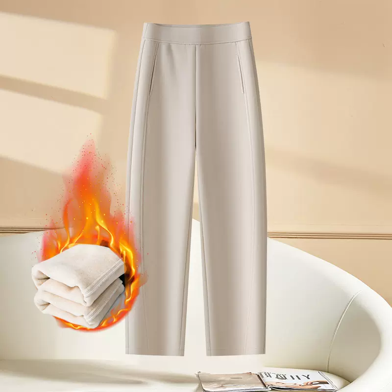 加绒加厚桑蚕丝直筒羊毛呢裤女松紧腰2025冬季新款宽松显瘦休闲裤