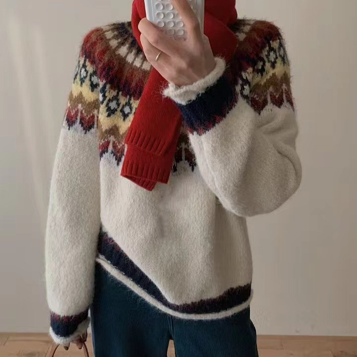 Retro Heavy Industry Red Fair Isle Christmas Sweater Women's Early Autumn Loose Lazy Style Sweater Soft Waxy Top Thickened