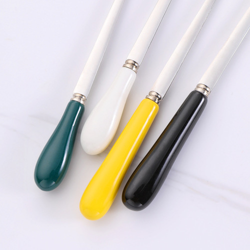 Factory direct supply creative ceramic handle 304 stainless steel coffee dessert spoon restaurant hotel mug small spoon