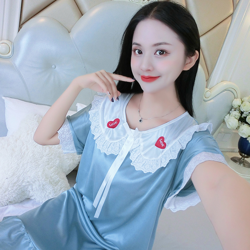 2024 pijama de verano delgado seda de hielo mediano largo de manga corta pijama de seda de simulación princesa muñeca de viento cuello ropa para el hogar