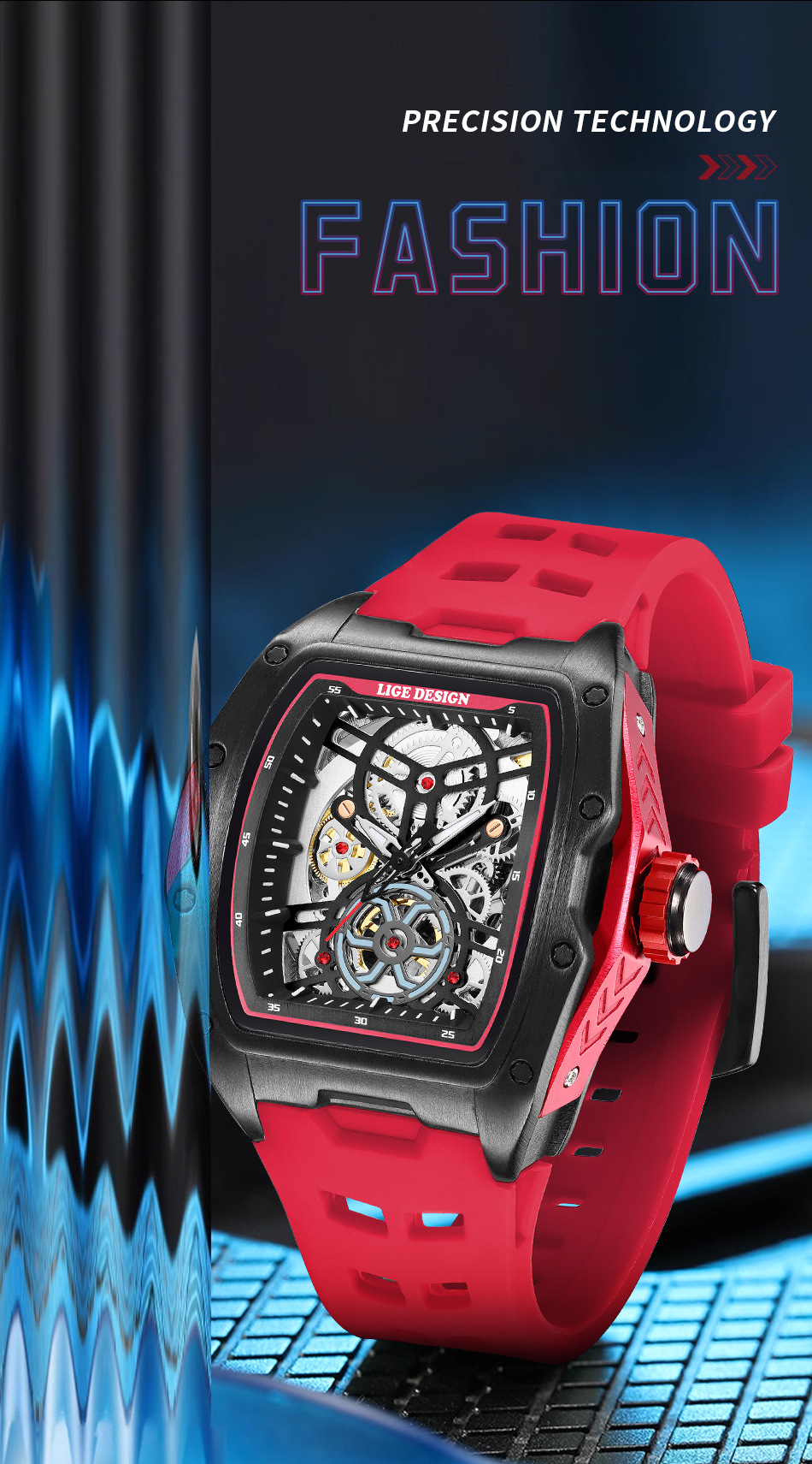 Men's Mechanical Watch Hollowed-out Barrel-shaped Large Dial_voghion.com
