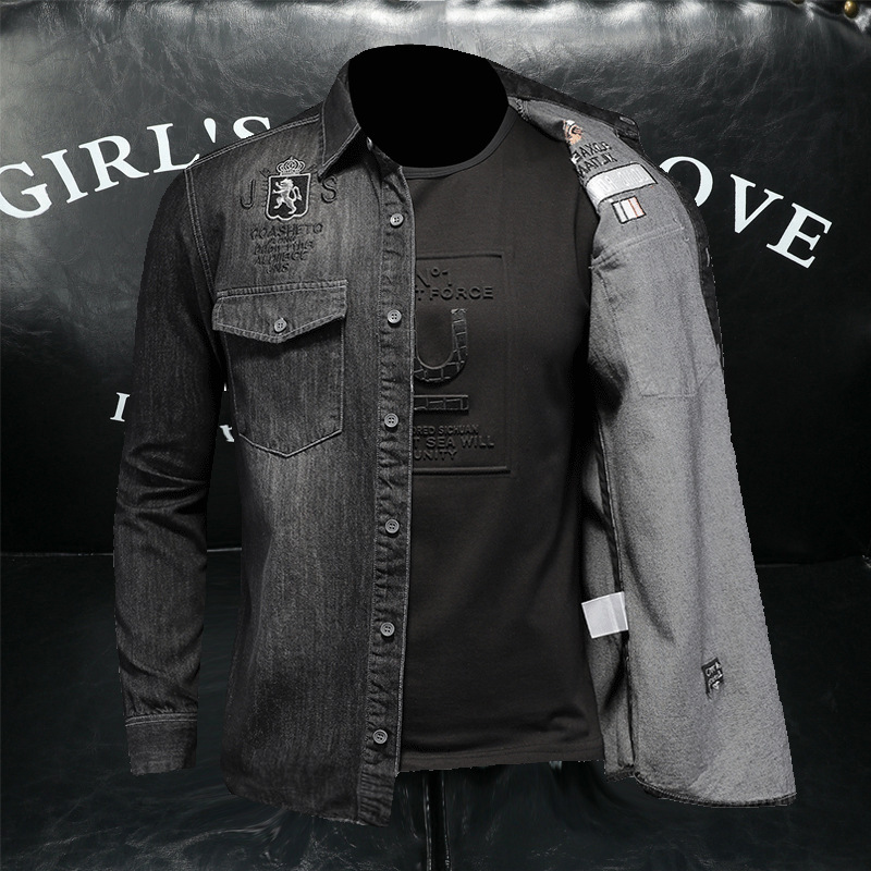 QT5027/V2227/ Camicia in denim nera da uomo in stile europeo e americano con ricamo di lettere a più punti_voghion.com