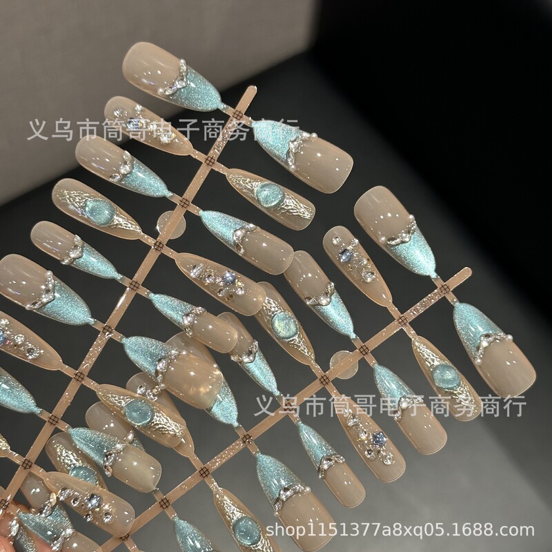 Hand-worn armor blue tears flash cat's eye broken diamond high-level sense ins long armor wedding armor bride nail art piece batch