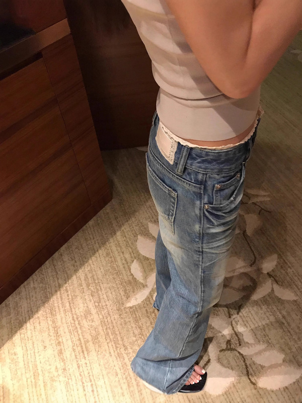 SUNONEON 花边蕾丝微喇修身牛仔裤女夏秋低腰磨白美式休闲喇叭裤|undefined