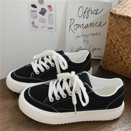 Pure Color Breathable Student Canvas Shoes Women  Spring Summer Flat Hong Kong Style Original Minimalist White Shoes Korean Version Casual Platform Shoes