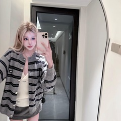 欧美跨境亚马逊复古灰色撞色条纹针织衫开衫女超好看宽松上衣外套