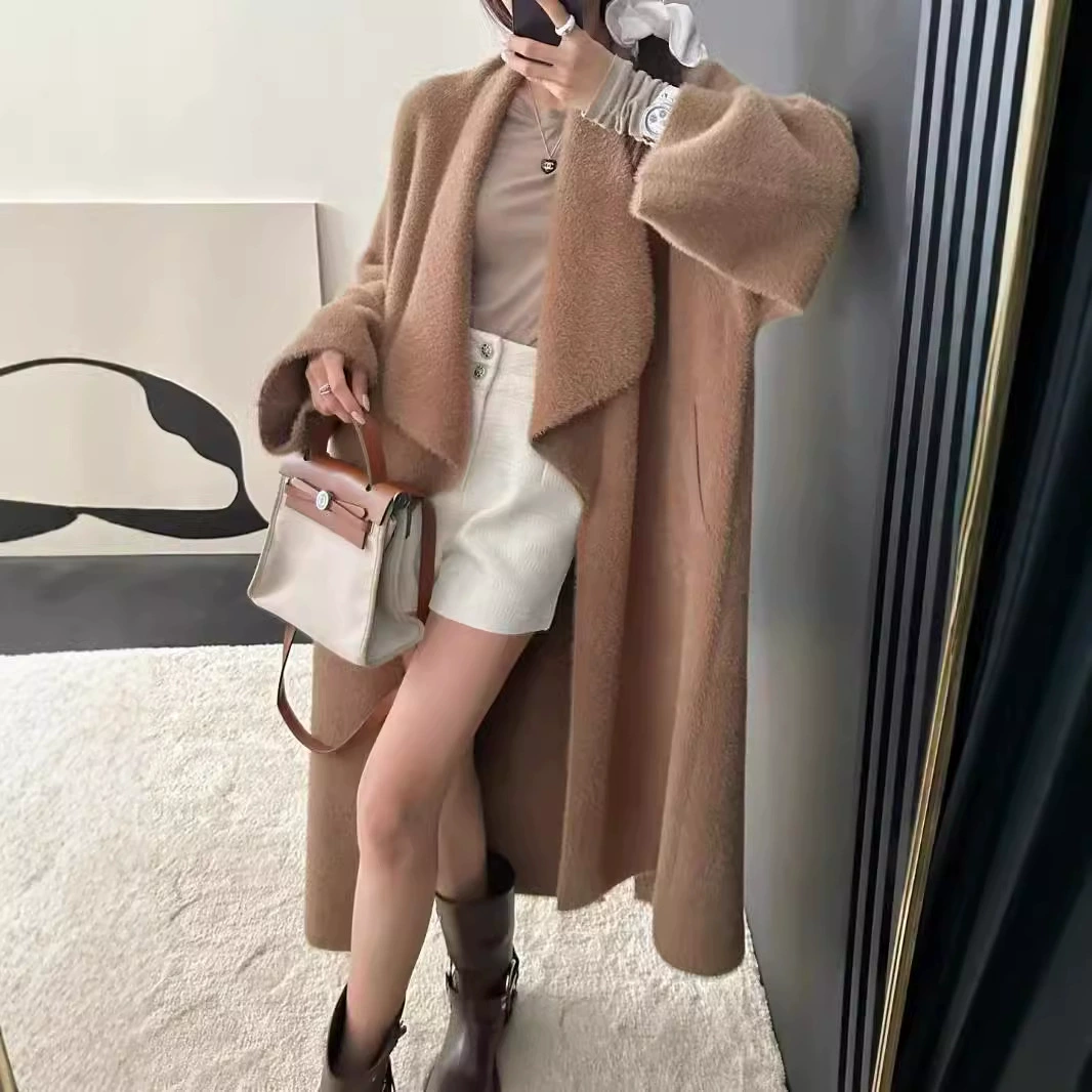 Осенний и зимний новый французский темперамент имитация норкового бархата длинный вязаный кардиган женский свободный ленивый большой отворот свитер куртка