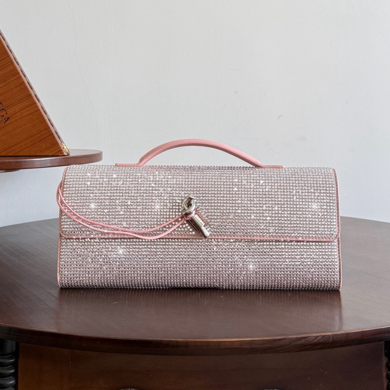 Luxurious full-diamond long handbag with pink leather handle and twist lock, elegant evening dress crossbody bag Luxurious full-diamond long handbag with pink leather handle and twist lock, elegant evening dress crossbody bag