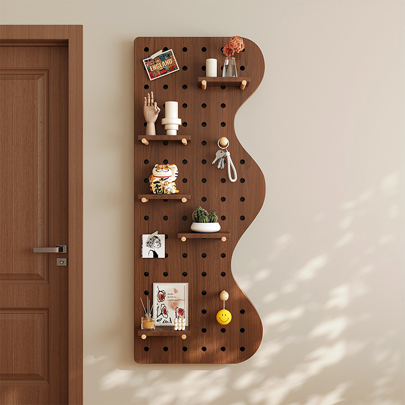 Corrugada de madera sólida color nuez agujero placa agujero en la pared de la pared de la decoración de la pared del marco de exhibición de almacenamiento