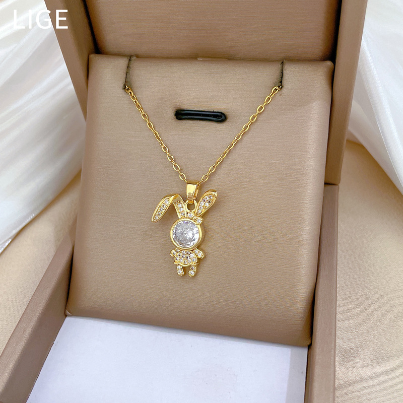 Gorgeous Zircon Rabbit Necklace Titanium Steel Collarbone Chain_voghion.com