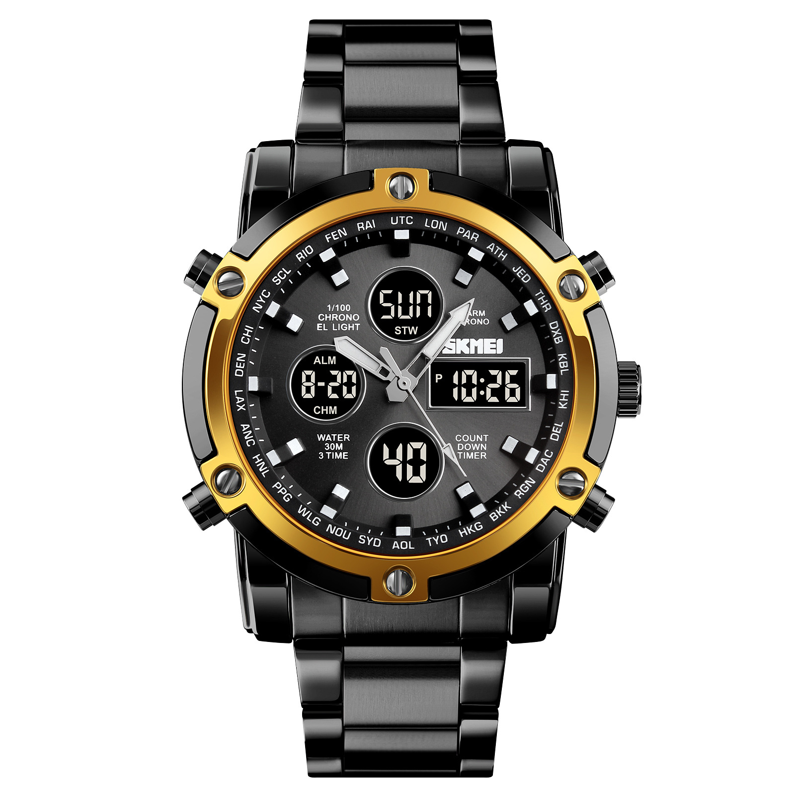 Skmei reloj electrónico multifuncional para hombre correa de acero doble movimiento reloj para hombre dial grande reloj electrónico impermeable al por mayor