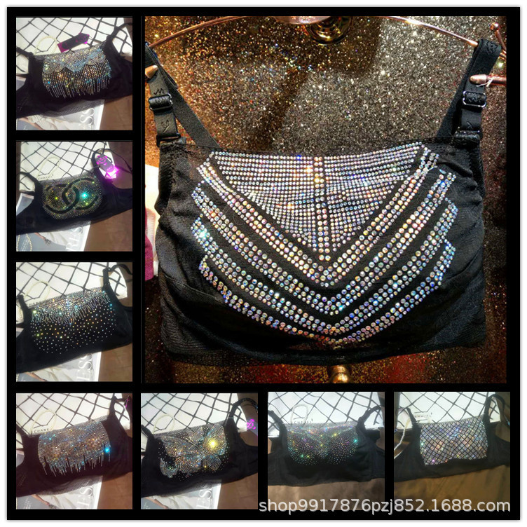 Black Bright Diamond Underwear Anti-running Light Bracket with Diamond Bra with Steel Ring Thin and Thick Dual-purpose Hot Drilling Bra