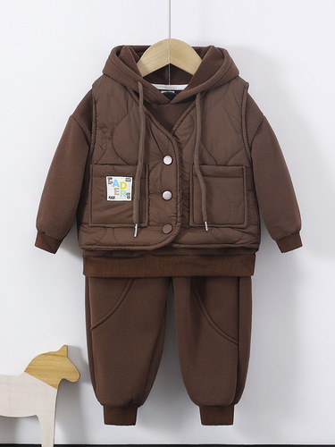 Children's Autumn/Winter Vest Set of 3, Hooded Outerwear Baby Suit for Boys, Thick Warm Clothing for Kids