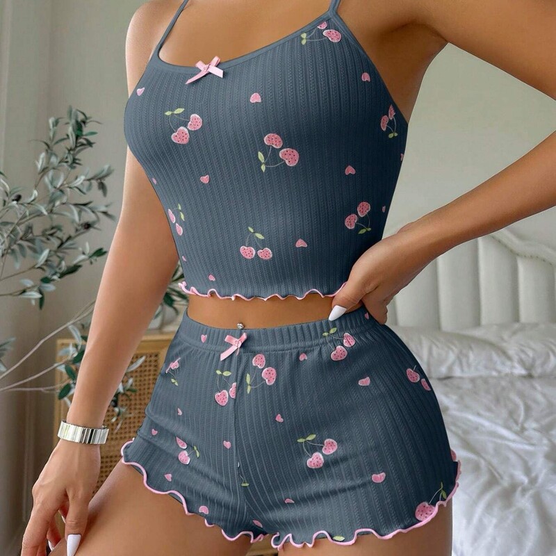 亚马逊独立站欧美夏季吊带松紧短裤睡衣女套装提花印花女士家居服|undefined