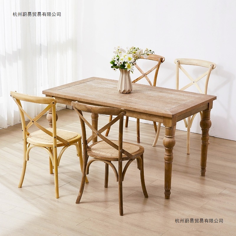 北欧美式实木藤编餐椅复古家用靠背简约原木餐桌休闲餐厅叉背椅子|undefined