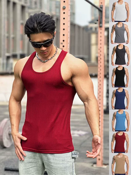 Cross-Border Solid Color Muscle Men's Summer Sports and Leisure Fitness Solid Color Racer Vest Men's One-Piece Drop Shipping