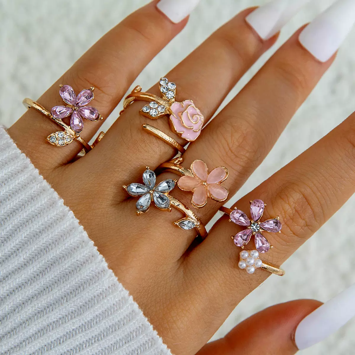 跨境欧美饰品粉色花朵设计多层戒指套装时尚优雅滴油宝石戒指