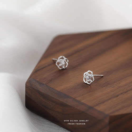 Forest-style small fresh s999 sterling silver rose earrings for women light luxury simple temperament zircon flower feet white ear jewelry