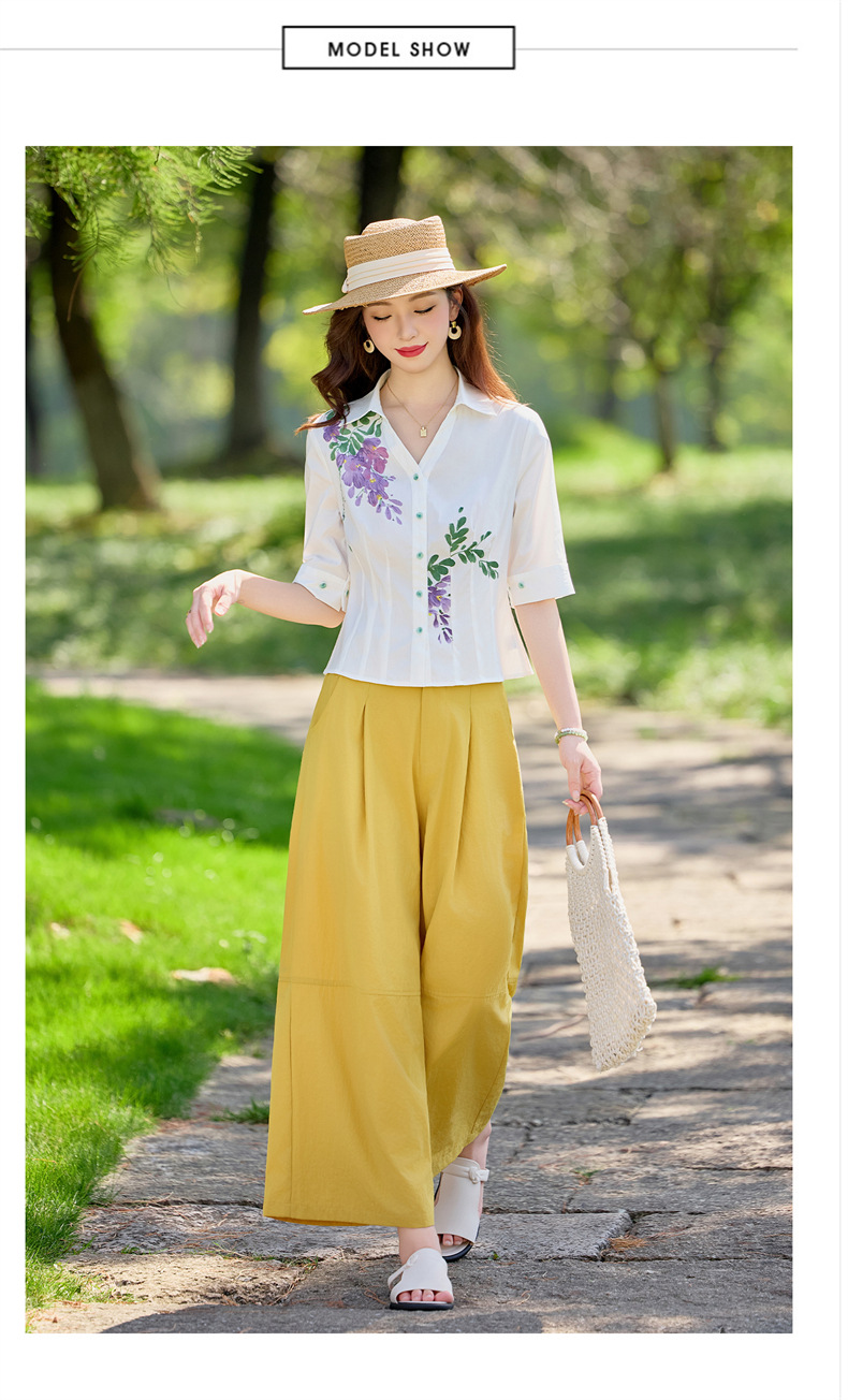 Bộ vest nữ hai mảnh áo sơ mi in họa tiết kết hợp quần ống suông cạp cao — Màu ảnh chi tiết 8