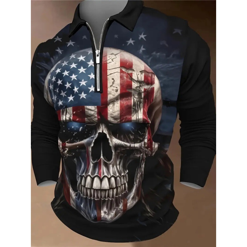 Clásico thriller belleza bandera calavera estampado 3D personalidad de la calle de los hombres manga larga transpirable suelta impresión 3D