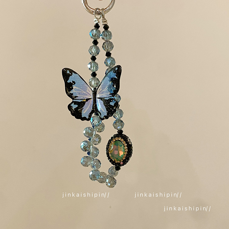 新中式高级感蝴蝶手机挂件小红书同款ins风水晶串珠手链包包挂饰
