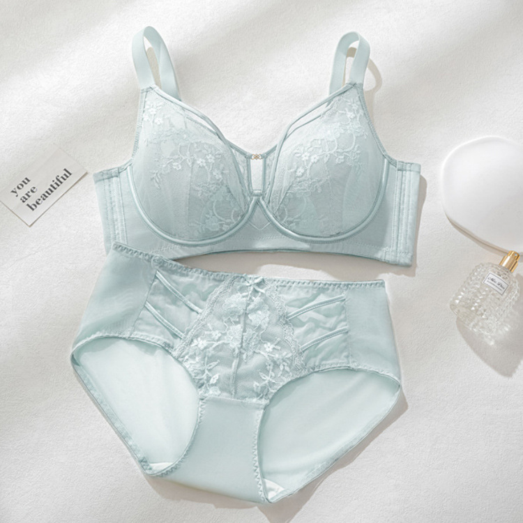 6616 Sujetador de encaje sexy con anillo de acero suave francés, orejas de conejo ligeras, pechos grandes, memoria pequeña, ropa interior ajustable de titanio