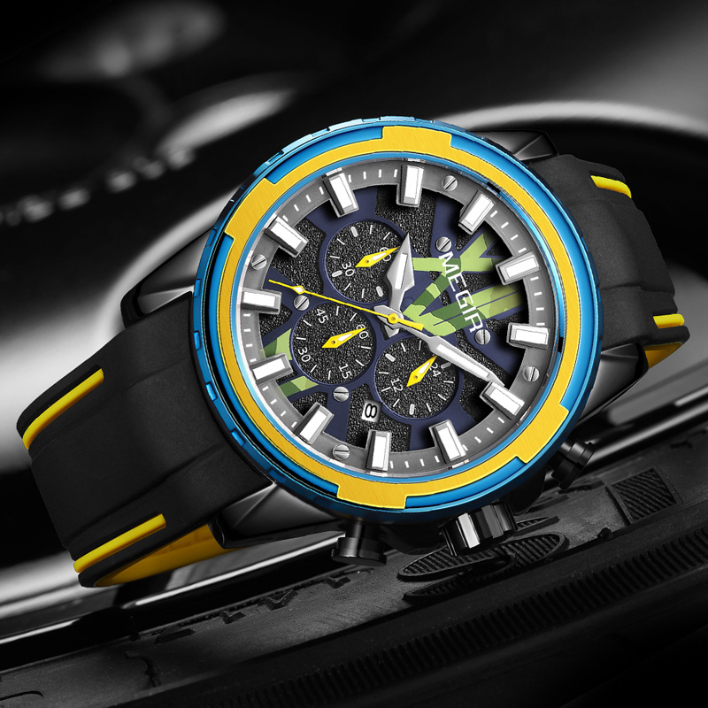 2022新品美格尔megir男士手表 潮牌多功能计时防水硅胶石英表2133